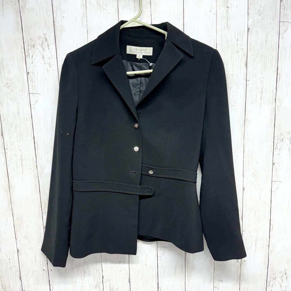 Tahari Jacket Women Size 6 Black‎ Single Breasted Business Casual Belted Blazer